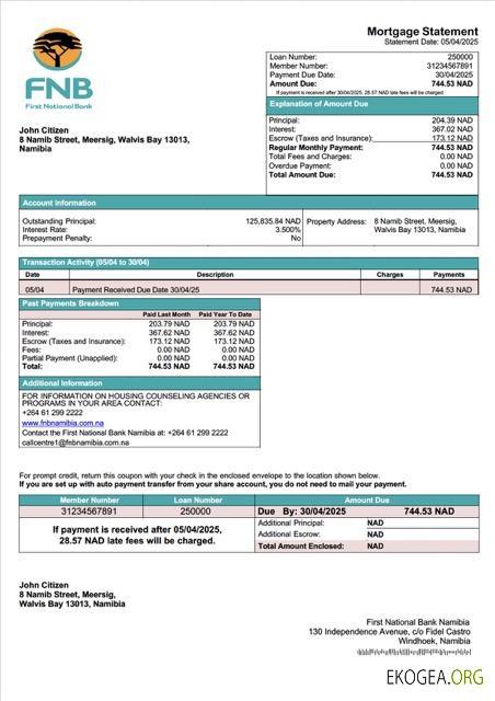 Modèle Word et PDF de relevé hypothécaire de Namibia First National Bank Namibia Limited